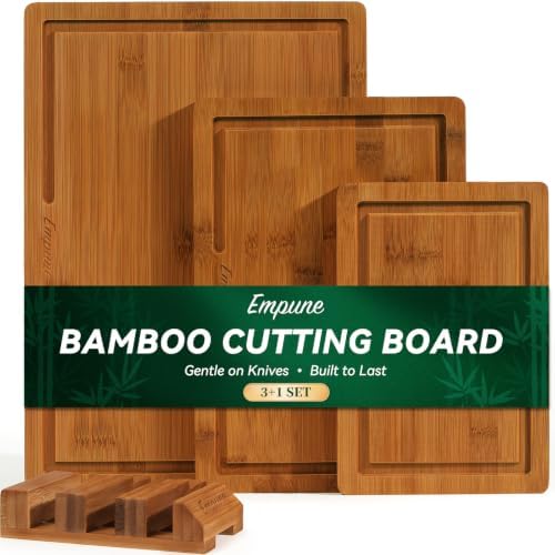 Empune Bamboo Cutting Board Set with Stand & Juice Grooves, Deep