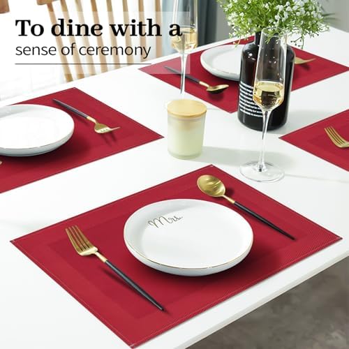 Red Placemats Set of 4, 12x18 Inch Faux Linen Table Mats