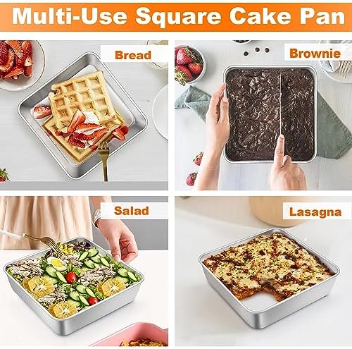 TeamFar Square Cake Pan, 6 Inch Stainless Steel Square Baking Pan Set