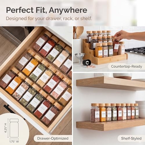 Spice Jars with Labels and Acrylic Spice Drawer Organizer Bundle, 24