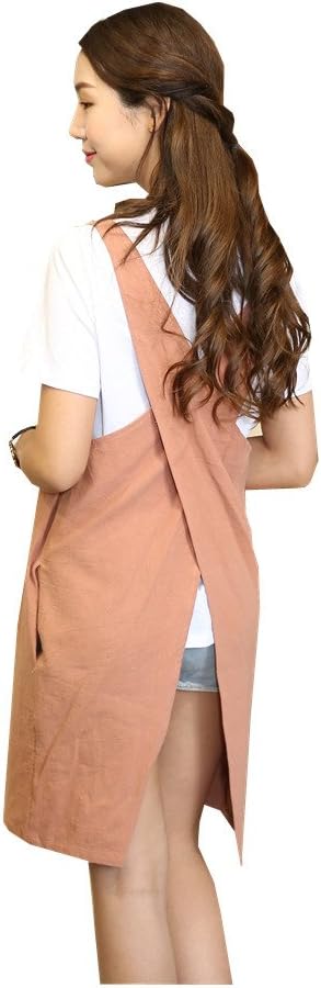 Cotton Linen Japanese Apron Halter Cross Back Bandage X Shape Aprons Two Pockets - Image 4