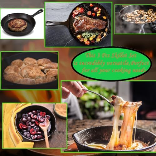 La Cuisine Pre Seasoned Cast Iron Skillet Set, 3 Piece Frying Pans (15 cm, 19 cm, 25 cm) Naturally Non Stick for Frying Grilling Sautéing Searing & Baking, GlassTop PFOA Free