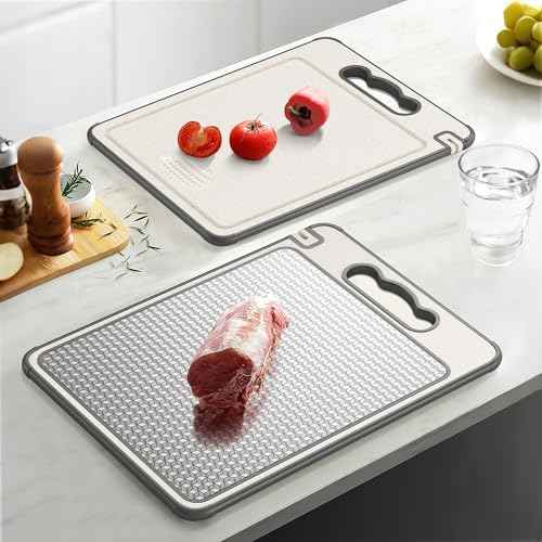 3Pcs Cutting Board Set for Kitchen, 16"*11"(1pack)&14.4"*9.8"(2pack), Double Sided 304 Stainless Steel & Wheat Straw, Scratch Resistant Mesh Design, Non Toxic Chopping Board for Meat, Dishwasher Safe
