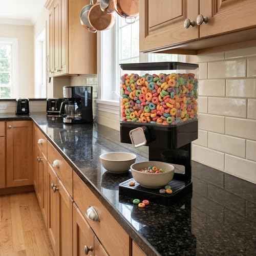 Honey-Can-Do Zevro Compact Single Dry Food Dispenser – Countertop Cereal Dispenser with Portion Control, 17.5 oz Capacity, Airtight BPA-Free Snack Container, Black/Chrome