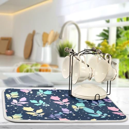 OTVEE Festive Holly Star Art Dish Drying Mat for Kitchen Counter