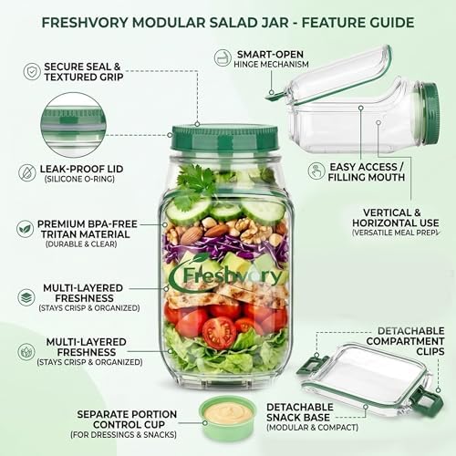 Salad Pod Mason Jar Side Open, Leakproof Salad Container, BPA-Free