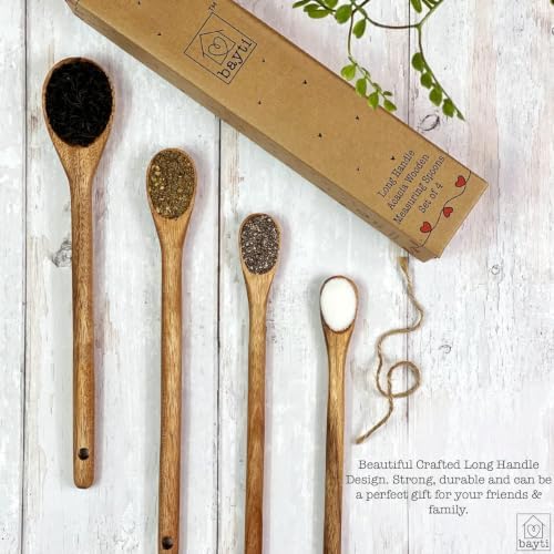 Long Handle Acacia Wooden Measuring Spoons, 100% Natural Food Grade