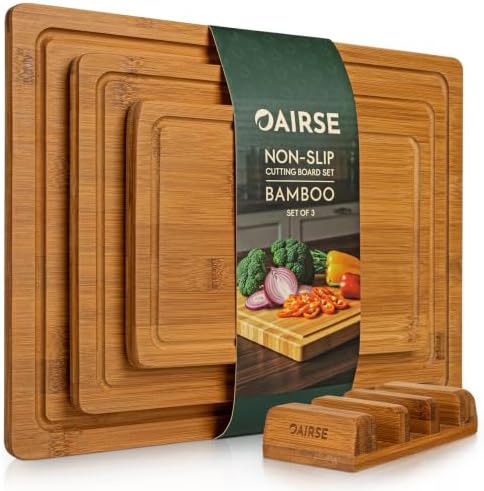 3 Packs Bamboo Cutting Board for Kitchen with Juice Grooves & Storage