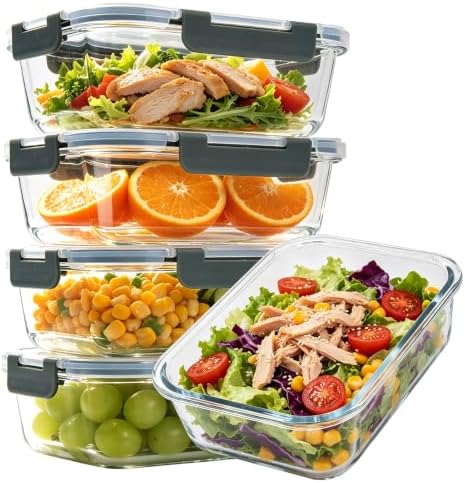 5-Pack 36 oz Glass Storage Containers with Lids, Grey