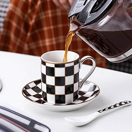 Checker 3-ounce Espresso Cups and Saucers Set of 6, Demitasse Cups Set