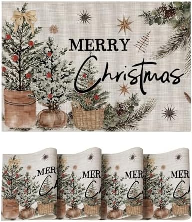 Artoid Mode Xmas Trees Holly Pine Cone Vinyl Christmas Placemats Set