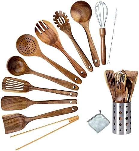 Teak Wood Kitchen Utensil Set - 11-Piece Heat-Resistant Cooking Tools