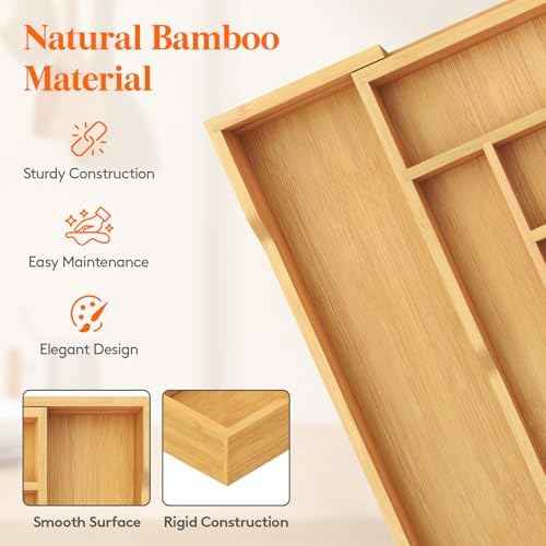 Lifewit Silverware Drawer Organizer, Wooden Utensil Tray for Kitchen