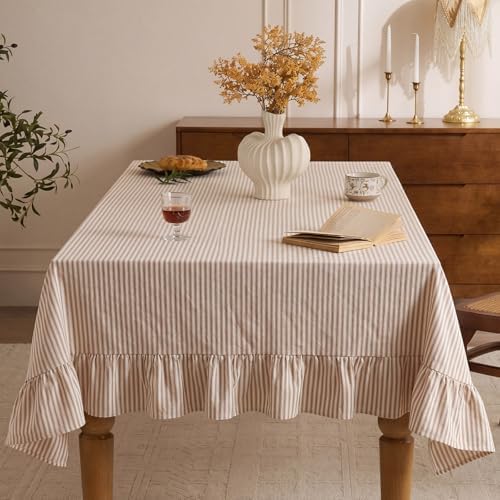 60 x 120 in Farmhouse Ruffle Striped Tablecloth, Cream Brown, Striped