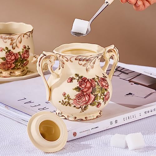 YOLIFE Ceramic Sugar and Creamer Set, Vintage Sugar Bowl (Pink Rose)