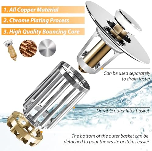 Anlige Bathroom Sink Drain Strainer, 3 in 1 Pop Up Bathroom Sink