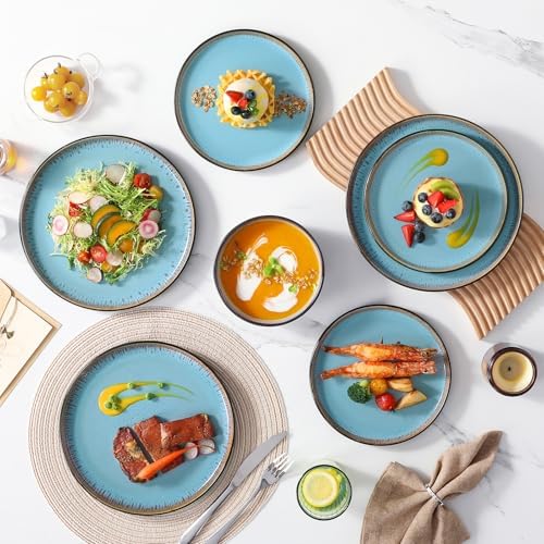 vancasso Plates and Bowls Sets, 24 Pieces Stoneware Dinnerware Sets for 8, Kitchen Dish Set Mircowave and Dishwasher Safe Ceramic Dishware, Blue, Series AMBER