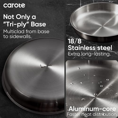 CAROTE 15pcs Tri-Ply Stainless Steel Cookware Set with Detachable