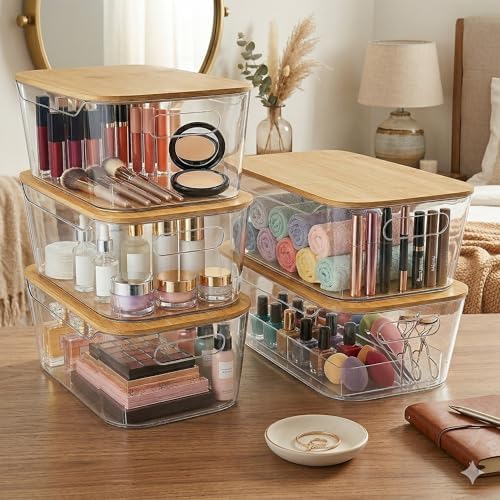 CiWiVOKi Stackable Storage Bins with Bamboo Lids, 3.7L