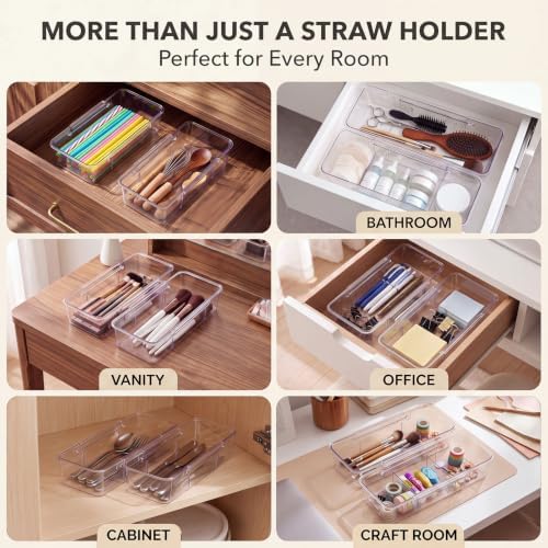 2 Pack Expandable Straw Organizer Drawer for Cabinet, Adjustable Straw