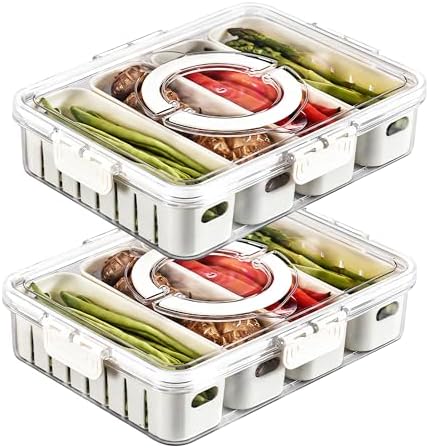 2Pack Divided Veggie Tray with Lid and Handle 4 Compartment Serving