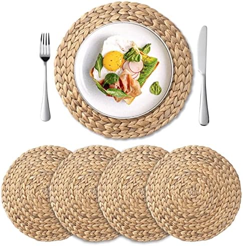 Round Woven Placemats Set of 4, Natural Water Hyacinth Place Mats