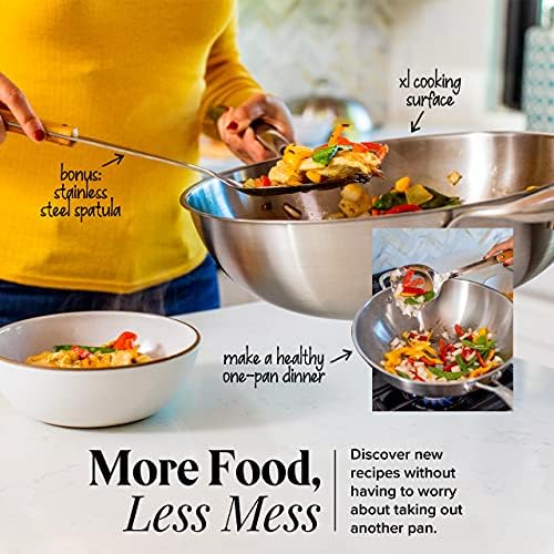 Willow & Everett Stainless Steel Flat Bottom Wok Pan, Professional Traditional Stir Fry Cookware w/Domed Lid & Spatula, Low Maintenance Rust & Scratch Resistant for Induction Gas Electric Stove Top