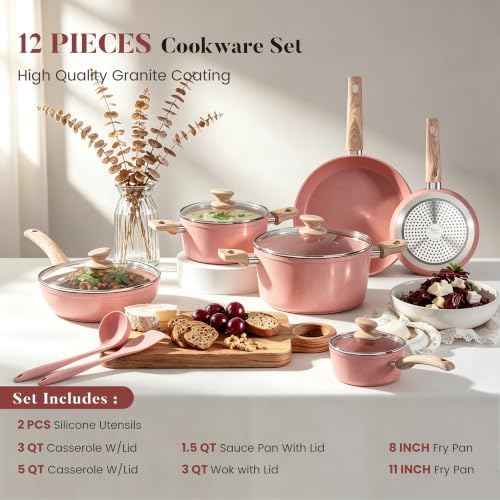 Kitchen Academy Induction Pots and Pans Set Non Stick, 12Pcs Pink