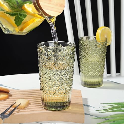 Joeyan Green Vintage Drinking Glasses,Embossed Highball Water Glass