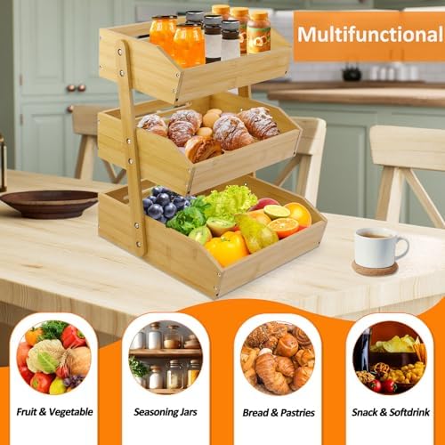 mobzio Fruit Basket for Kitchen Counter, 3 Tier Fruit Stand, Fruit Vegetable Storage Basket, Fruit Bowl for Kitchen Counter, Large Bamboo Basket Display Rack, Fruit Holder Produce Basket