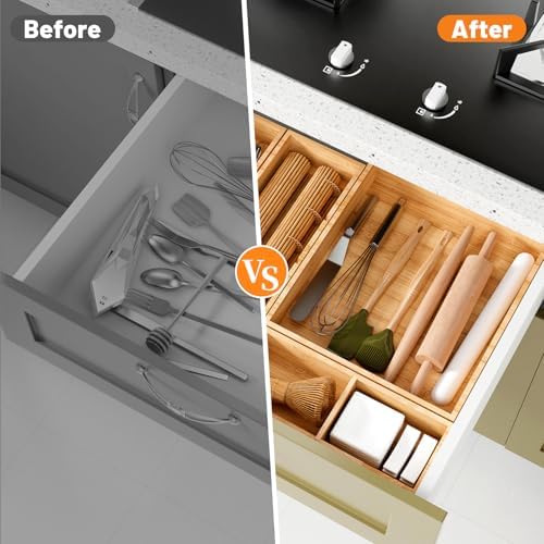 Bamboo Drawer Organizer, 5-Piece Stackable Trays with Removable