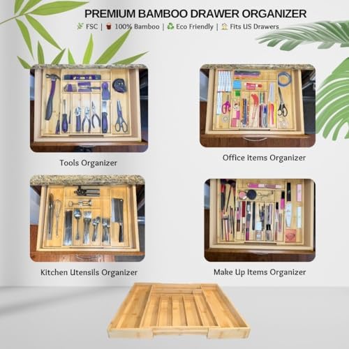 EVERLINE Expandable Bamboo Drawer Organizer for Kitchen Utensils