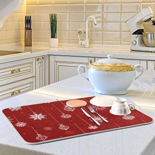 OTVEE Festive Red Ornaments Dish Drying Mat for Kitchen Counter