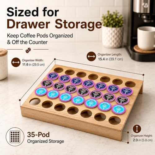 Wood K Cup Drawer Organizer, Coffee Pod Holder, 35 Pods