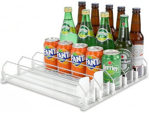Adjustable White Fridge Organizer, Automatic Can Dispenser