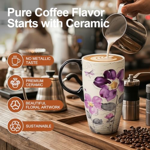 Topadorn 17oz Ceramic Travel Mugs Set of 2, Floral Coffee Mugs with