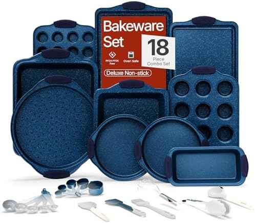 BAKKEN Kitchen Baking Pan Set - Nonstick Coating, Carbon Steel Bakeware Sets with Blue Silicone Handles, Baking Kitchen Essentials, PFOA, PFOS, PTFE Free, Oven Safe Tray (Up To 450° F), Set of 18