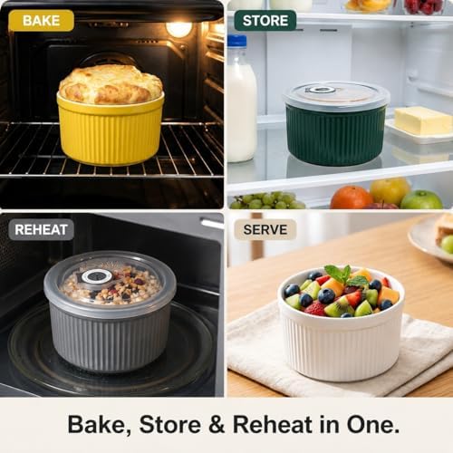14 oz Ceramic Ramekins with Lids, Set of 4 Oven Safe Porcelain Creme