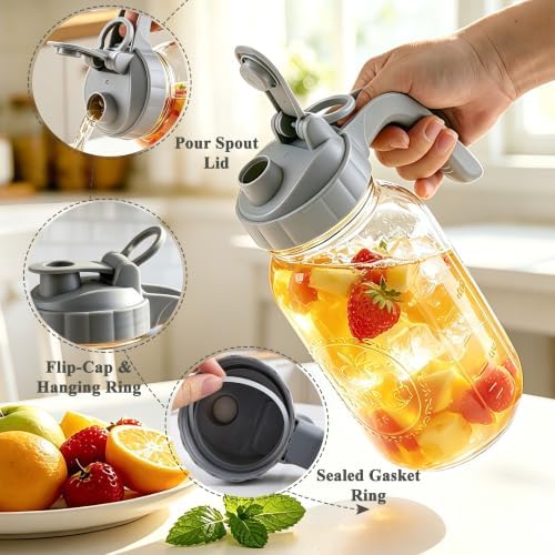 Mason Jar Pitcher with Lid 64oz Airtight&Leak-Proof Glass Iced Tea