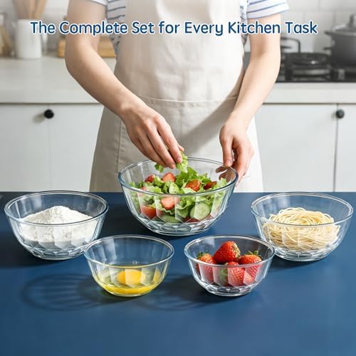 ENVTEK 5‐Piece Glass Mixing Bowls Set with Airtight Lids, Blue
