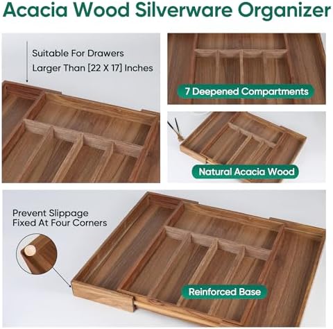Acacia Wood Silverware Organizer, 7-Compartment Expandable Drawer Tray