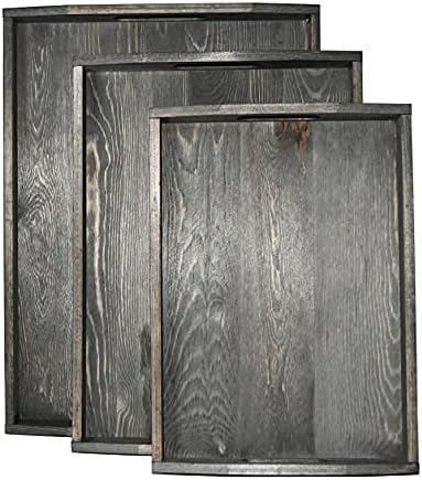 Owlgift Vintage Grey Wood Serving Trays with Brass Metal Wrap Accents