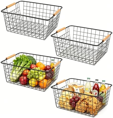 4 Pack Black Metal Wire Storage Baskets, Pantry Baskets for