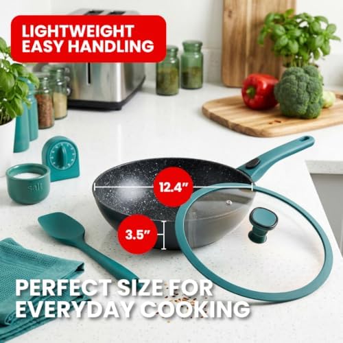 Ravon Nonstick Wok Pan with Glass Lid and Detachable Handle, 12.4in
