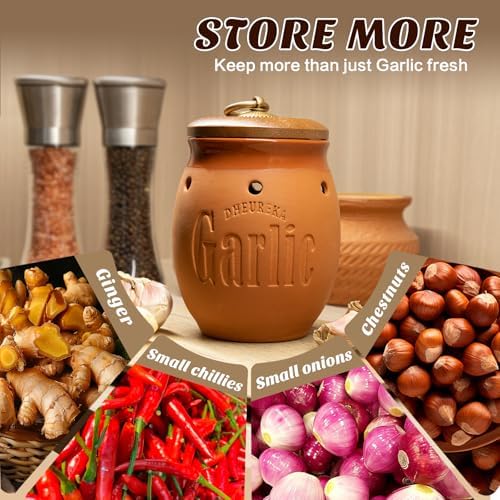 Garlic Keeper with Wooden Lid, 19 oz Clay Garlic Storage Container to