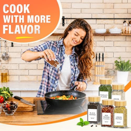 24 Pack 4 oz Square Glass Spice Jars with Labels, Airtight Bamboo Lids