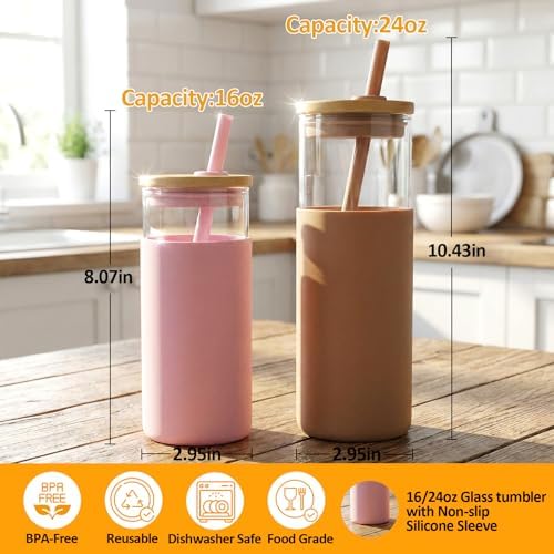 Tronco 24 oz Glass Tumbler with Lids and Straws, Reusable Iced Coffee