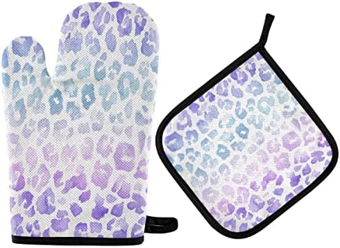 Oven Mitts Quilted Cotton Lining Purple Leopard Skin Potholders BBQ