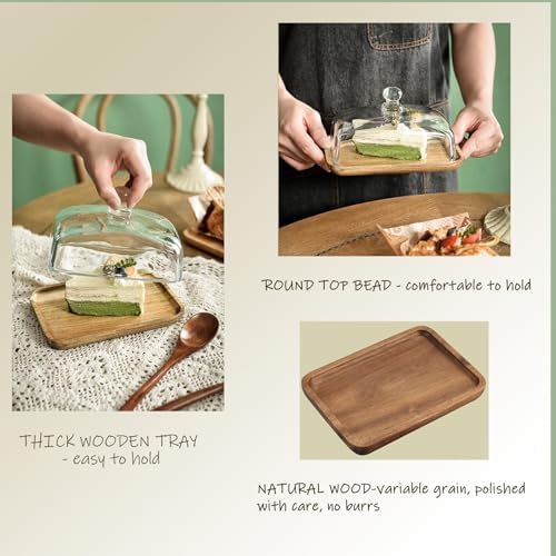 Glass Butter Dish with Lid, 1PC Wooden Wide Butter Holder for