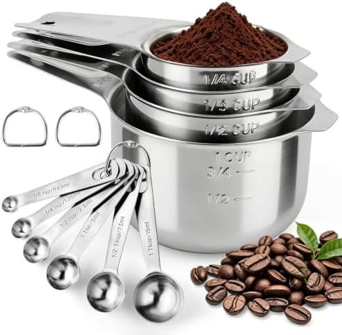 Stainless Steel Measuring Cups and Spoons Set of 10, Nesting Measuring Cup Set - 4 Cups 6 Spoons, Stackable Measure Cup Spoon Set for Dry & Liquid,Dishwasher Safe Kitchen Tools Cooking Baking Supplies